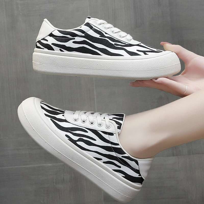 

Zebra Striped Lace-up Canvas Sneakers, Black and white