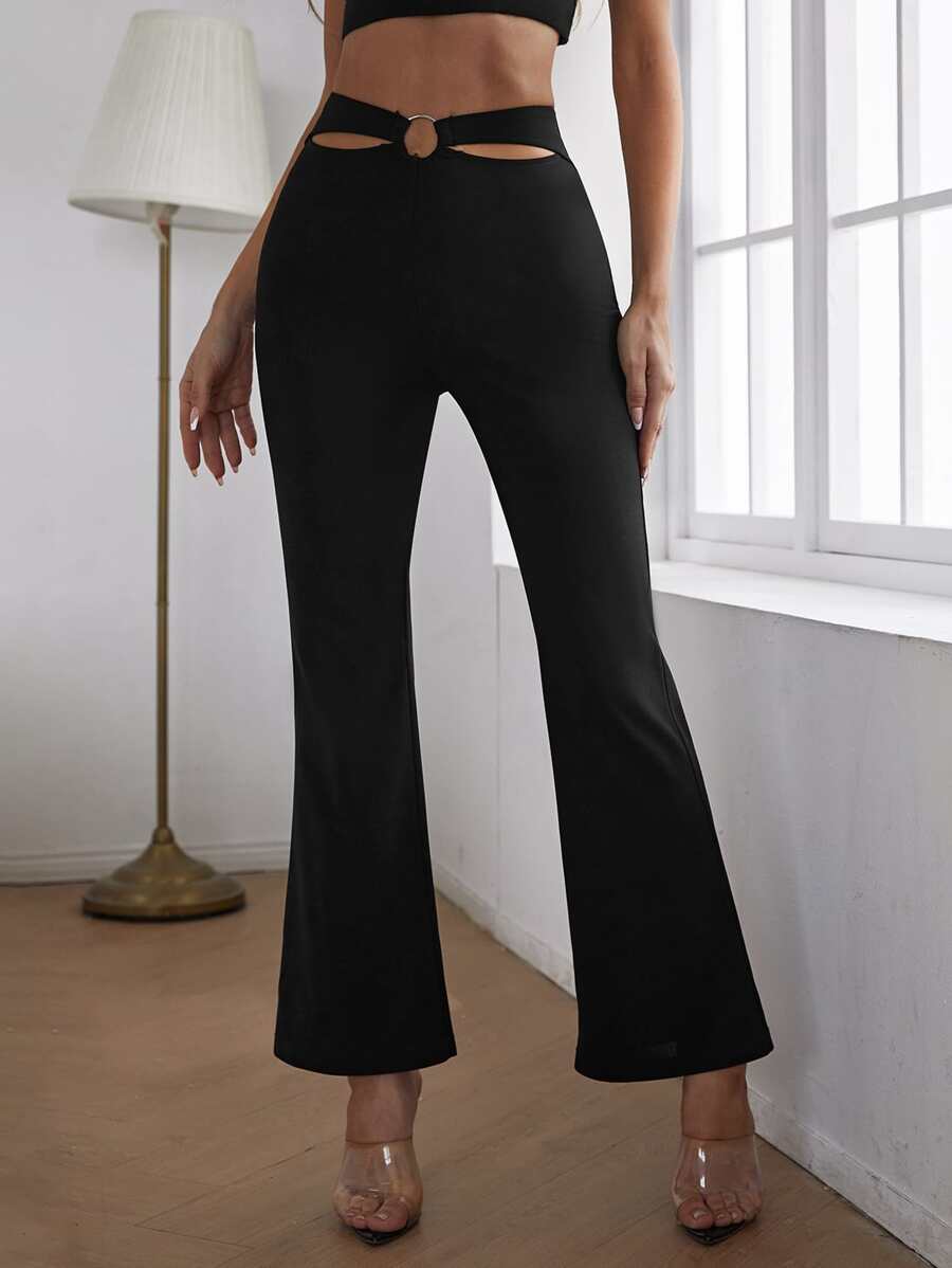Cut Out Ring Detail Flare Leg Trousers - Black - View 1