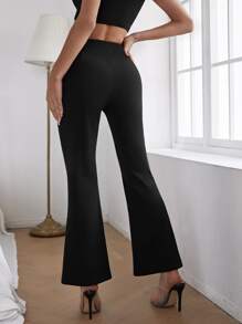 Cut Out Ring Detail Flare Leg Trousers - Black - View 2