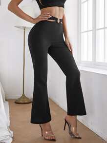 Cut Out Ring Detail Flare Leg Trousers - Black - View 3
