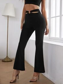 Cut Out Ring Detail Flare Leg Trousers - Black - View 4