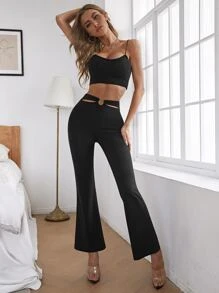 Cut Out Ring Detail Flare Leg Trousers - Black - View 5