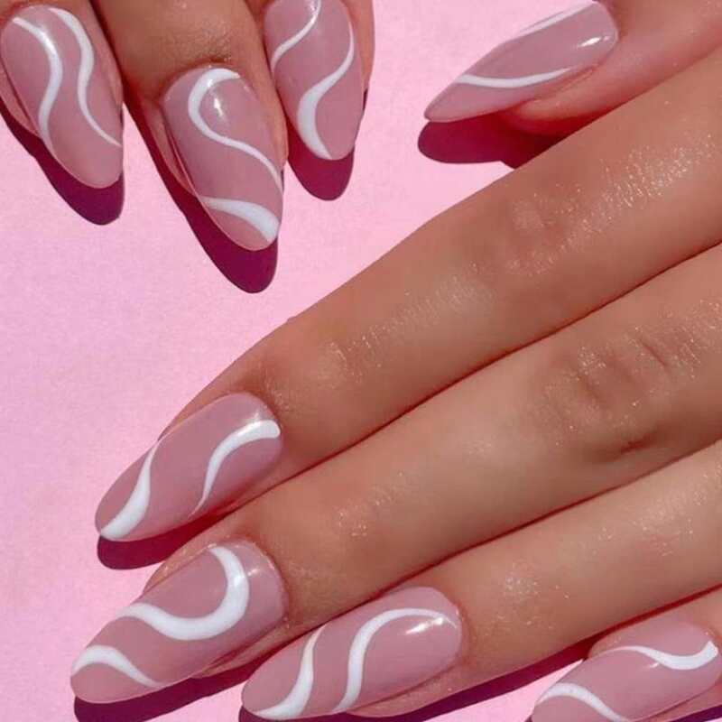 

24pcs Graphic Fake Nail, Baby pink