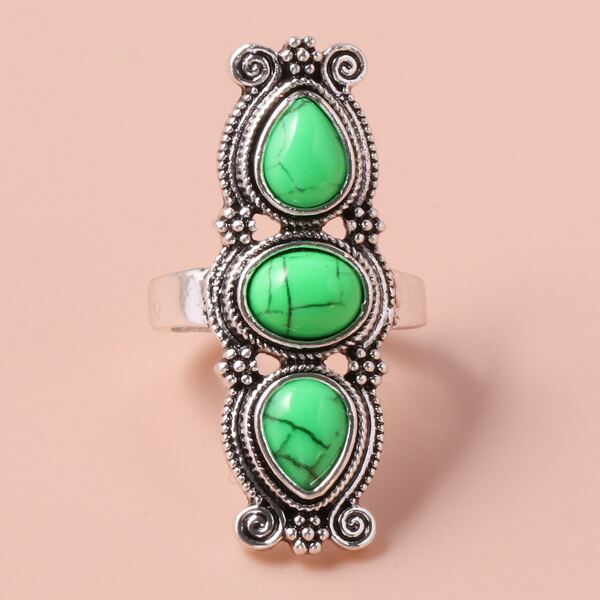 

Stone Decor Textured Metal Ring, Green