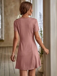 SHEIN Clasi V-neck Rib-knit Button Front Dress - Pink - View 2