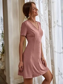 SHEIN Clasi V-neck Rib-knit Button Front Dress - Pink - View 3