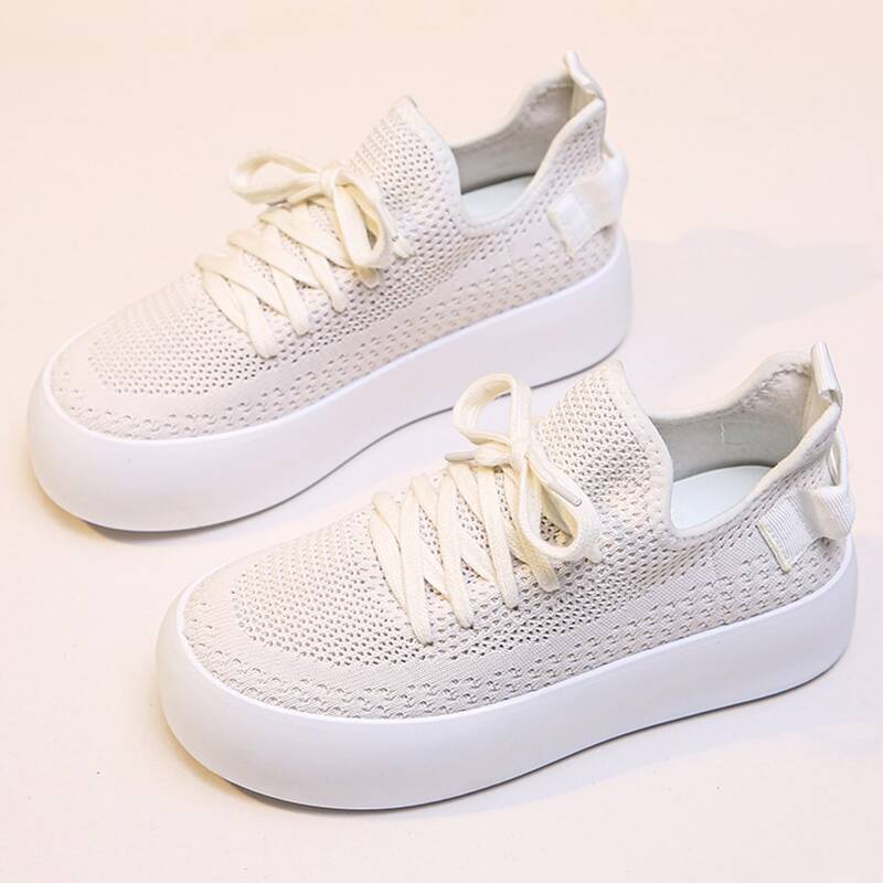 

Solid Lace-up Knit Sneakers, Beige