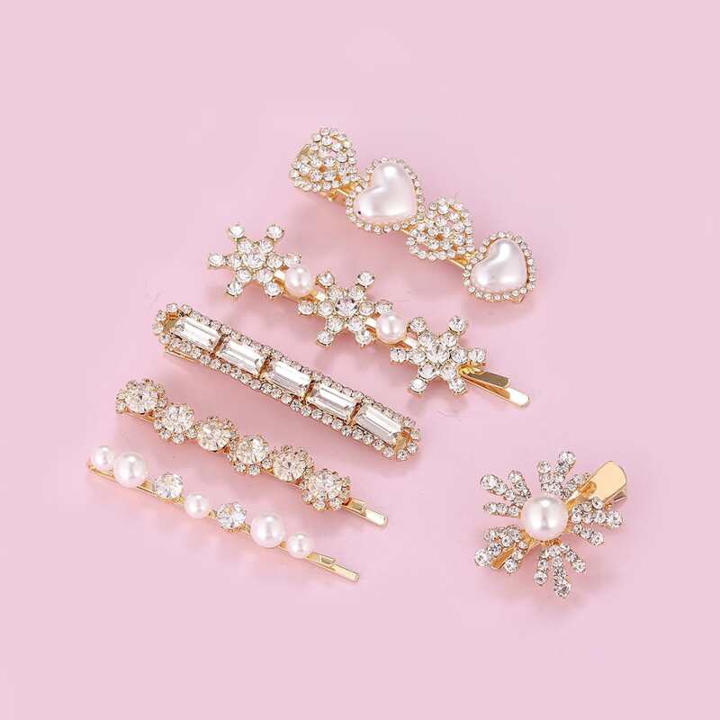 

6pcs Faux Pearl & Rhinestone Decor Hair Clip, Silver