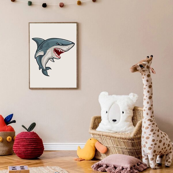 

Kids Cartoon Shark Print Unframed Painting, White