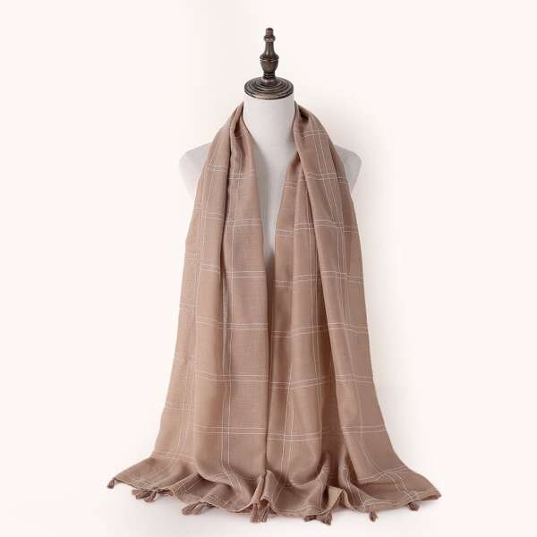 

Tassel Charm Plaid Scarf, Khaki