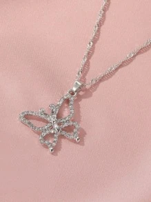 Cubic Zirconia Butterfly Charm Necklace - Silver - View 1