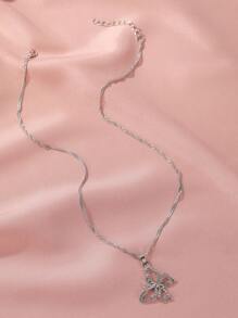 Cubic Zirconia Butterfly Charm Necklace - Silver - View 2