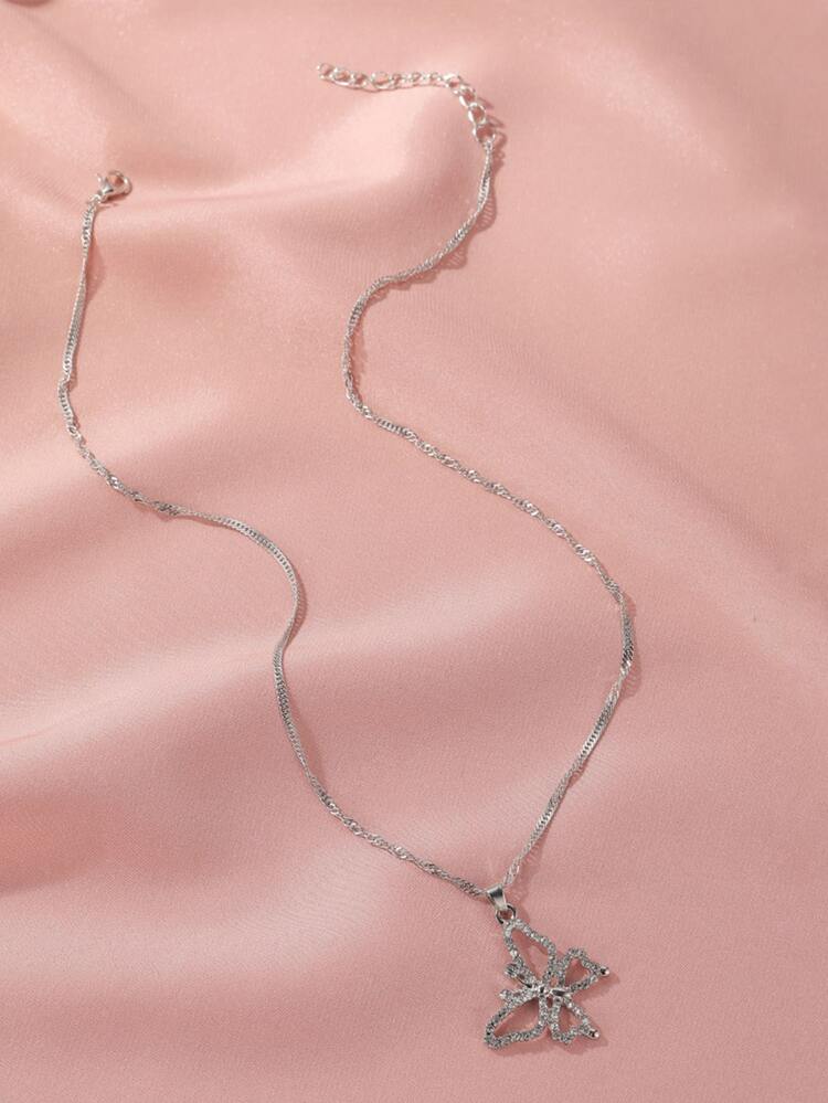 方晶鋯石蝴蝶吊墜項鍊 - 銀色 - 查看 2