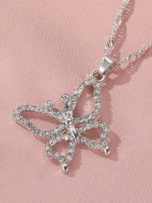 Cubic Zirconia Butterfly Charm Necklace - Silver - View 3