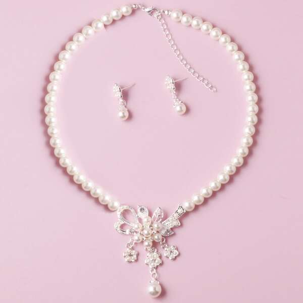 

Faux Pearl Decor Necklace & 1pair Drop Earrings, Beige
