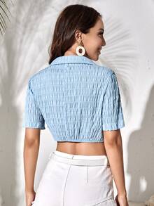 SHEIN Unity 素色抽褶紐扣短版襯衫 - 藍色 - 查看 2