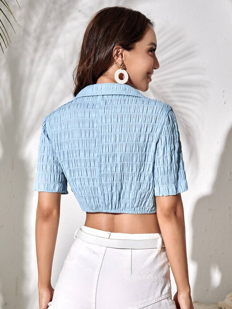 SHEIN Unity 素色抽褶紐扣短版襯衫 - 藍色 - 查看 2