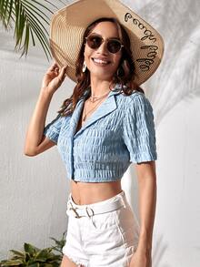 SHEIN Unity 素色抽褶紐扣短版襯衫 - 藍色 - 查看 3