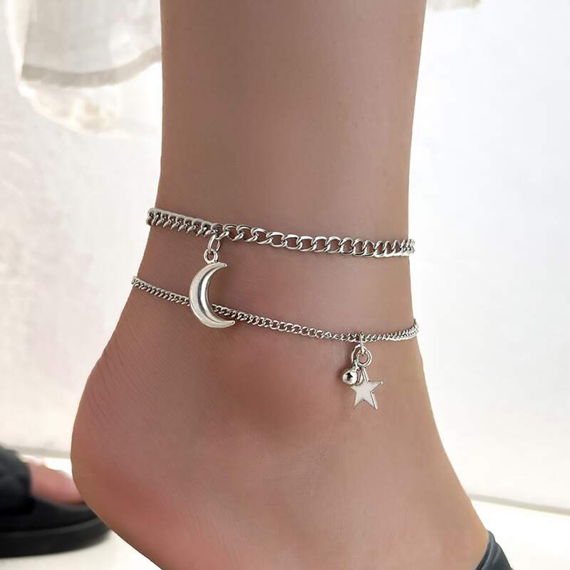 

2pcs Star & Moon Anklet, Silver