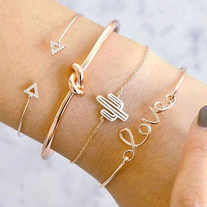 

4pcs Cactus & Letter Bracelet, Gold