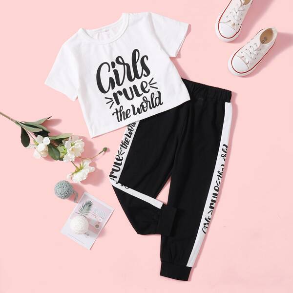 

Toddler Girls Slogan Graphic Tee & Panel Joggers, Black and white