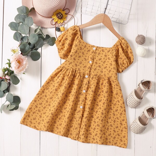 

Toddler Girls Ditsy Floral Smock Dress, Mustard yellow