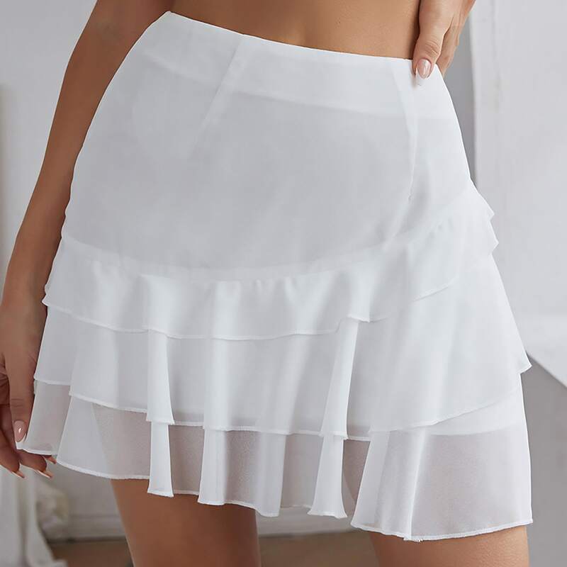 

Solid Zipper Side Mini Layered Skirt, White