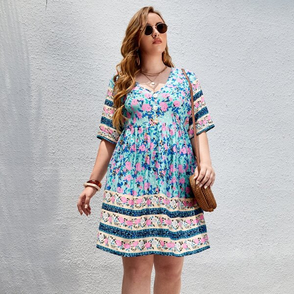 

Plus Floral Print Button Smock Dress, Multicolor