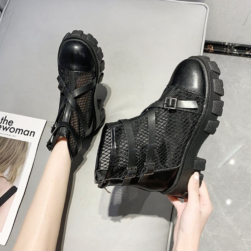 

Criss Cross Buckle Mesh Ankle Boots, Black