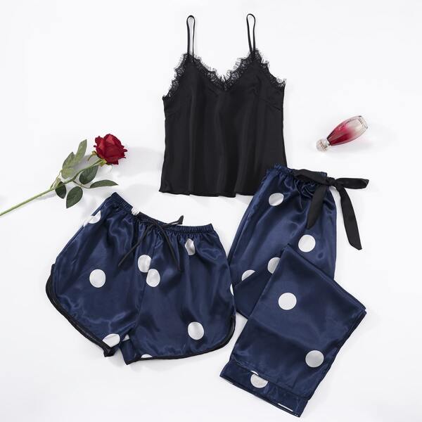 

3pcs Lace Trim Polka Dot Bow Detail Satin PJ Set, Navy blue