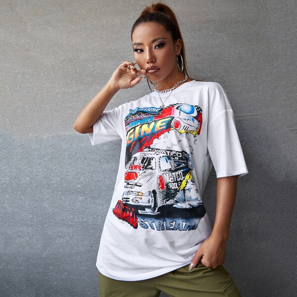 

Car & Letter Graphic Drop Shoulder Tee, White