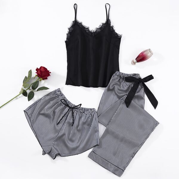 

3pcs Contrast Lace Striped Knot Waist Satin Cami PJ Set, Navy blue