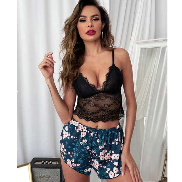 

Sheer Lace Cami & Floral Shorts Night Set, Multicolor