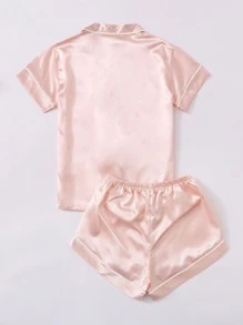 LuxeNights Contrast Piping Button Front Satin PJ Set / Pajama Set - Baby Pink - View 2