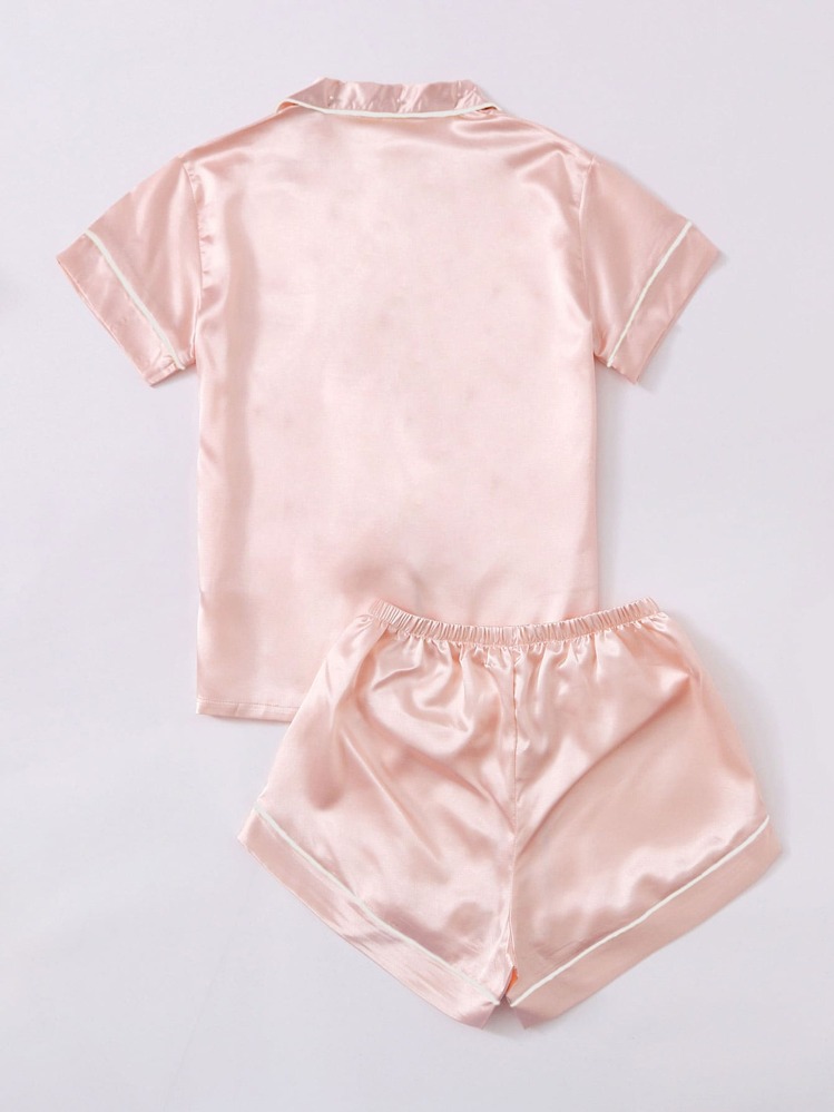 LuxeNights 对比色滚边纽扣前缎睡衣套装/睡衣套装 - 淺粉色 - 查看 2