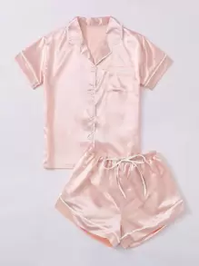 LuxeNights Contrast Piping Button Front Satin PJ Set / Pajama Set - Baby Pink - View 3