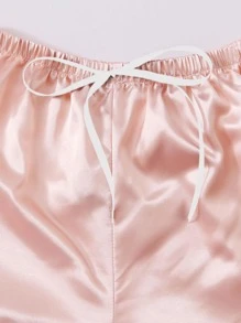 LuxeNights Contrast Piping Button Front Satin PJ Set / Pajama Set - Baby Pink - View 5