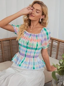 Top peplum con fruncido de guingán - Multicolor - Ver 1