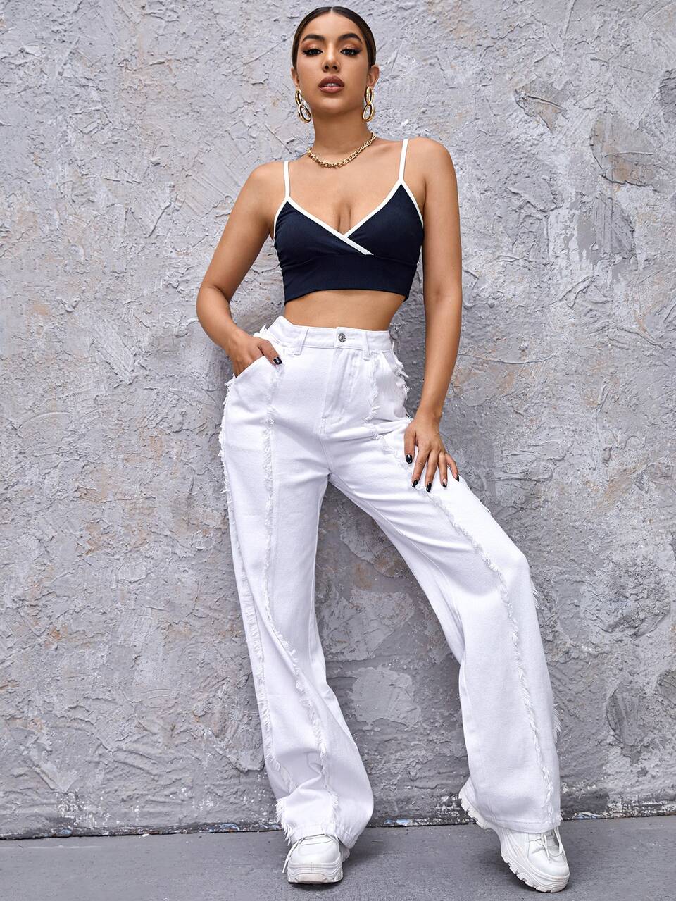 Contrast Binding Rib-knit Cami Crop Top