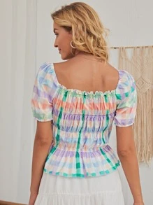 Top peplum con fruncido de guingán - Multicolor - Ver 2
