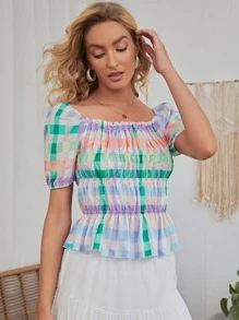Top peplum con fruncido de guingán - Multicolor - Ver 3
