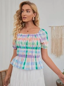 Top peplum con fruncido de guingán - Multicolor - Ver 4