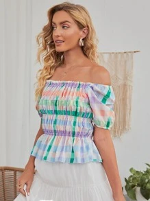 Top peplum con fruncido de guingán - Multicolor - Ver 5
