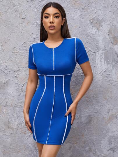 SHEIN Essnce Half Zip Stitch Trim Rib-knit Bodycon Dress