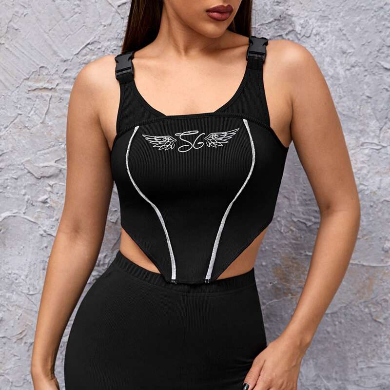

Graphic Print Buckle Strap Crop Tank Top, Black