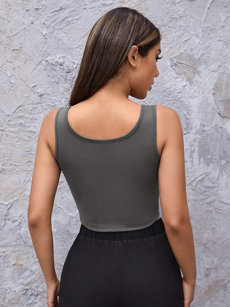 刺繡字母短版背心上衣 - 深灰色 - 查看 2