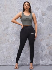 刺繡字母短版背心上衣 - 深灰色 - 查看 4