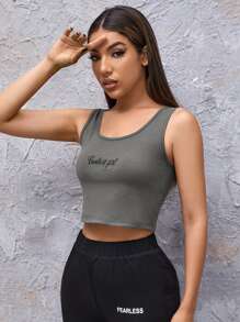 刺繡字母短版背心上衣 - 深灰色 - 查看 5