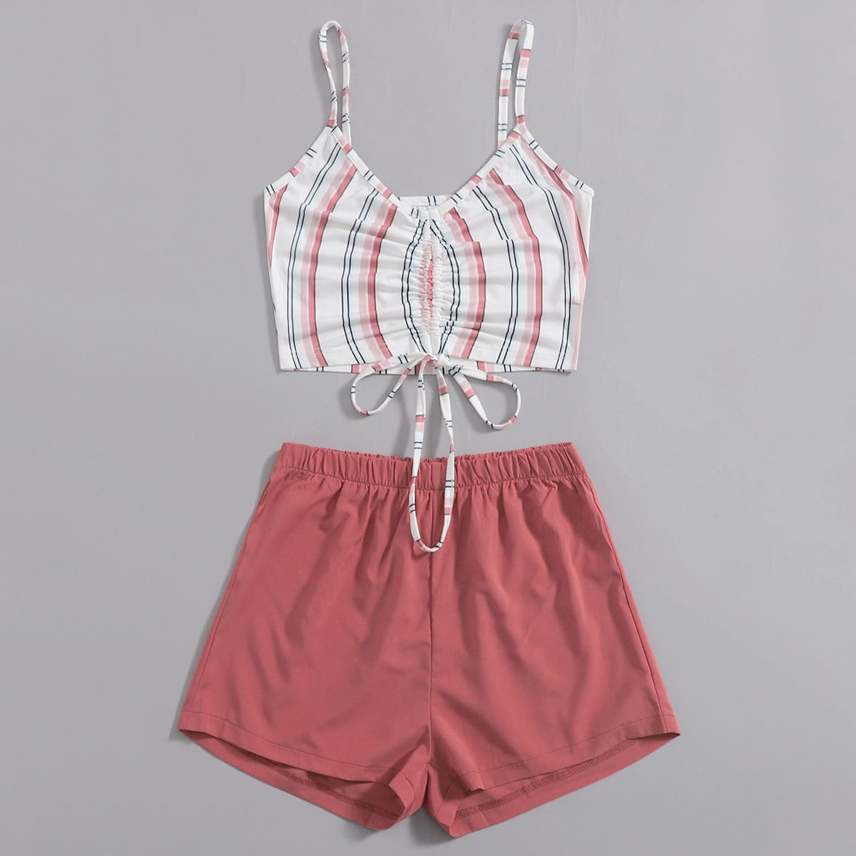 

Striped Drawstring Crop Cami & Solid Shorts, Multicolor