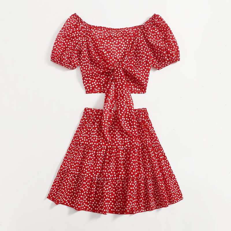 

Ditsy Floral Tie Front Top & Skirt, Red